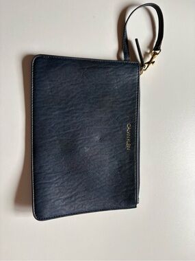 Calvin Klein Dark Blue Leather Wristlet Clutch with Gold Hardware